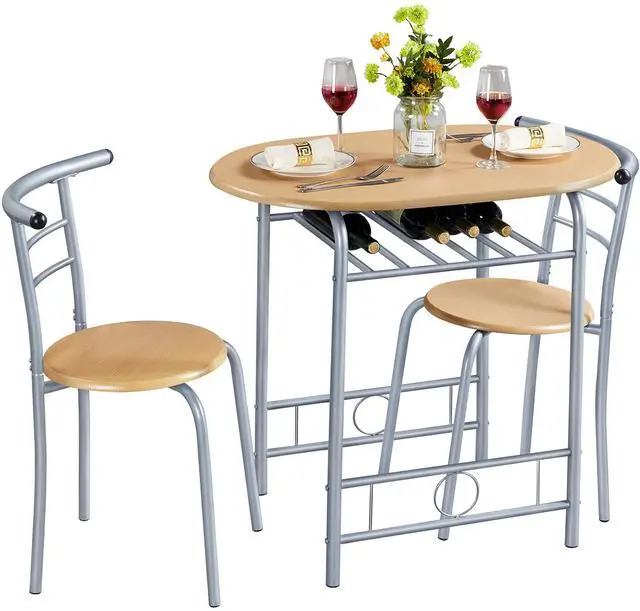 Main image of 3 Piece Kitchen Table Set - Dining Table Sets for 2 - Compact Table and Chairs w/Steel Frame & Shelf Storage for Small Spaces, Apartment, Bistro - Natural