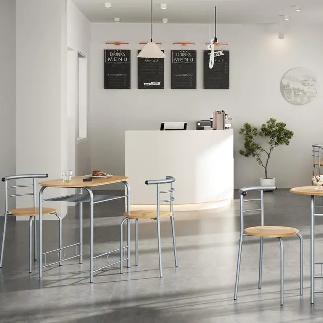 Alt view image 4 of 6 - 3 Piece Kitchen Table Set - Dining Table Sets for 2 - Compact Table and Chairs w/Steel Frame & Shelf Storage for Small Spaces, Apartment, Bistro - Natural
