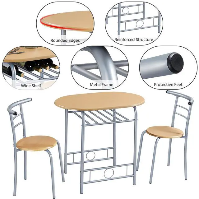 Alt view image 5 of 6 - 3 Piece Kitchen Table Set - Dining Table Sets for 2 - Compact Table and Chairs w/Steel Frame & Shelf Storage for Small Spaces, Apartment, Bistro - Natural