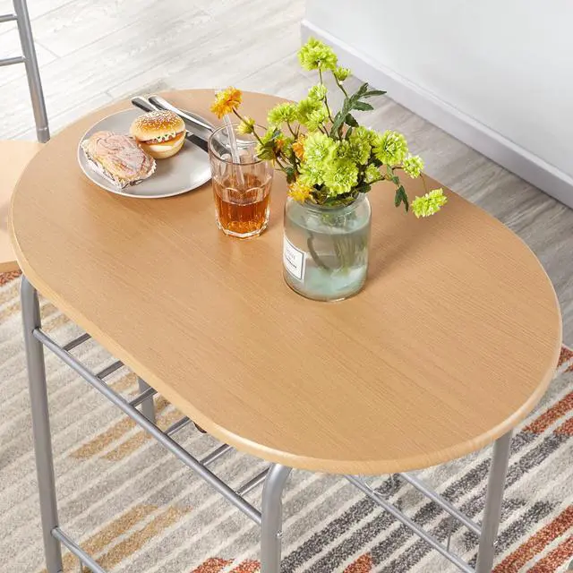 Alt view image 6 of 6 - 3 Piece Kitchen Table Set - Dining Table Sets for 2 - Compact Table and Chairs w/Steel Frame & Shelf Storage for Small Spaces, Apartment, Bistro - Natural