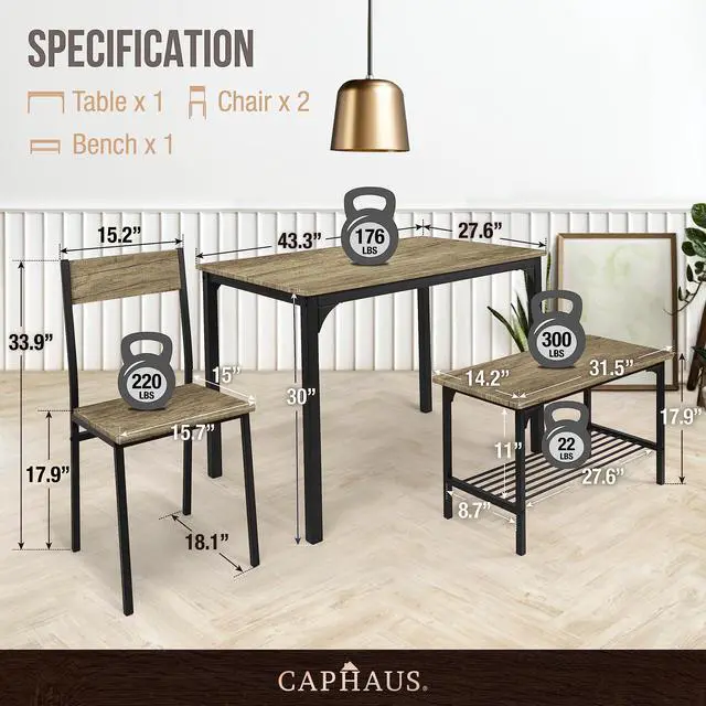 Alt view image 3 of 6 - 4 Pieces Dining Table Set for 4 w/Bench and Chairs, Modern Table Set for Dining Room, Home, Kitchen w/Storage Rack, Rectangle Table, Bench & Two Chairs, Space-Saving Dining Set, Grey Oak