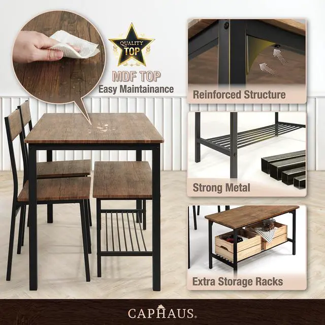 Alt view image 4 of 6 - 4 Pieces Dining Table Set for 4 w/Bench and Chairs, Modern Table Set for Dining Room, Home, Kitchen w/Storage Rack, Rectangle Table, Bench & Two Chairs, Space-Saving Dining Set, Grey Oak