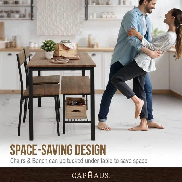 Alt view image 5 of 6 - 4 Pieces Dining Table Set for 4 w/Bench and Chairs, Modern Table Set for Dining Room, Home, Kitchen w/Storage Rack, Rectangle Table, Bench & Two Chairs, Space-Saving Dining Set, Grey Oak