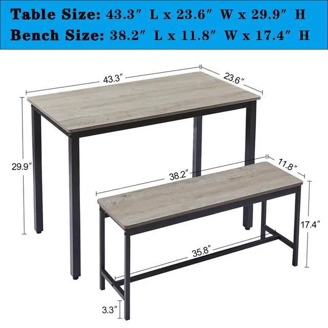 Alt view image 2 of 5 - 43.3in 3-Piece Bench Style Dining Furniture Set, 4-Person Space-Saving Dinette for Kitchen, Dining Room w/ 2 Benches, Table (Grey)