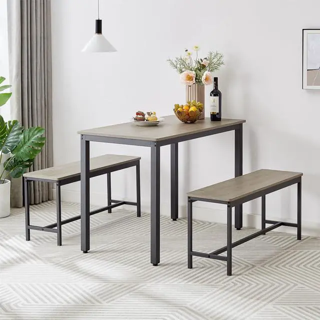 Alt view image 3 of 5 - 43.3in 3-Piece Bench Style Dining Furniture Set, 4-Person Space-Saving Dinette for Kitchen, Dining Room w/ 2 Benches, Table (Grey)