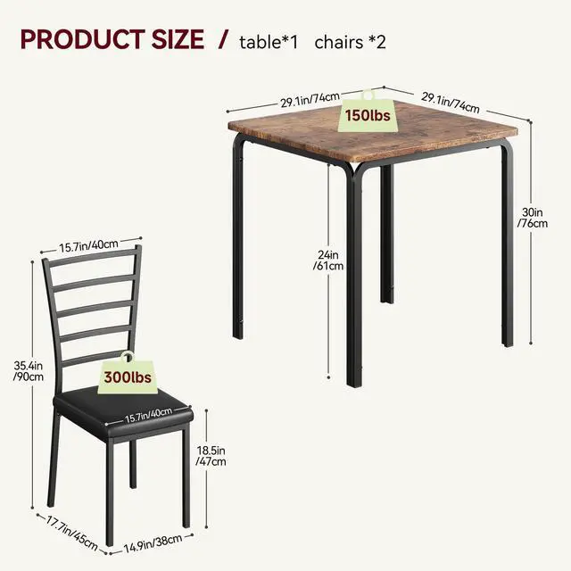 Alt view image 3 of 6 - 3-Piece Kitchen Dining Room Table Chair Set for Small Space, Indoor Modern Dinette Set for 2, Square Dinner Table Set for Dinette, Breakfast (Rustic Brown)