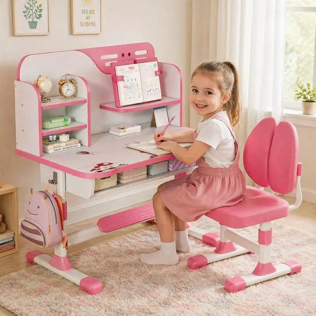Main image of Kids Desk and Chair Set, Height Adjustable Children Study Table and Chair, Desk for Kids, Toddler Writing Table with Bookstand and Storage Drawer, Mesa para Niños for Boys Girls