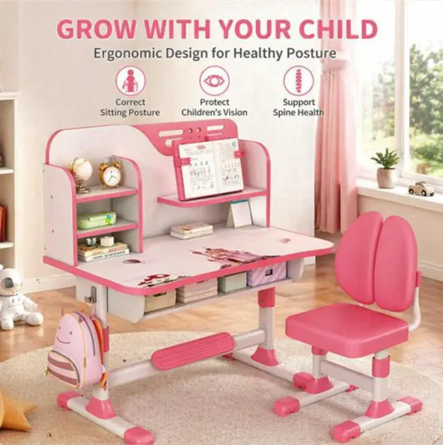 Alt view image 2 of 6 - Kids Desk and Chair Set, Height Adjustable Children Study Table and Chair, Desk for Kids, Toddler Writing Table with Bookstand and Storage Drawer, Mesa para Niños for Boys Girls