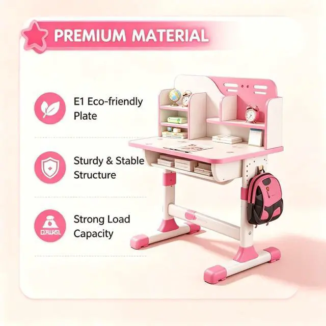 Alt view image 3 of 6 - Kids Desk and Chair Set, Height Adjustable Children Study Table and Chair, Desk for Kids, Toddler Writing Table with Bookstand and Storage Drawer, Mesa para Niños for Boys Girls