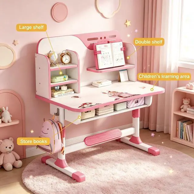 Alt view image 5 of 6 - Kids Desk and Chair Set, Height Adjustable Children Study Table and Chair, Desk for Kids, Toddler Writing Table with Bookstand and Storage Drawer, Mesa para Niños for Boys Girls