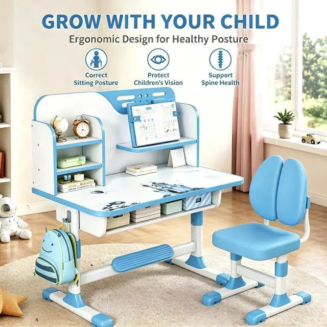 Alt view image 2 of 6 - Kids Desk and Chair Set, Height Adjustable Children Study Table and Chair, Desk for Kids, Toddler Writing Table with Bookstand and Storage Drawer, Mesa para Niños for Boys Girls