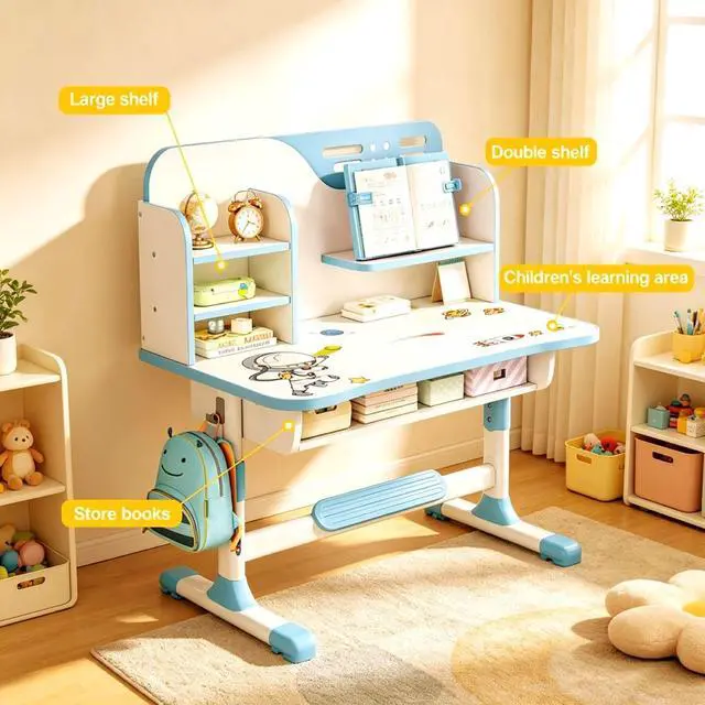 Alt view image 5 of 6 - Kids Desk and Chair Set, Height Adjustable Children Study Table and Chair, Desk for Kids, Toddler Writing Table with Bookstand and Storage Drawer, Mesa para Niños for Boys Girls