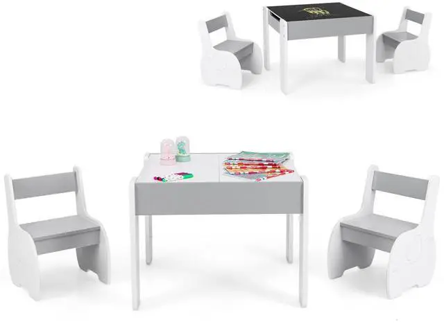 Main image of Kids Table and Chair Set, 4-in-1 Children Wooden Activity Table and 2 Chairs for Art Craft, Reversible Blackboard, 3 PCS Toddler Furniture with Storage, Gift for Boys Girls