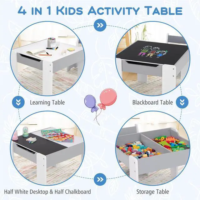 Alt view image 2 of 6 - Kids Table and Chair Set, 4-in-1 Children Wooden Activity Table and 2 Chairs for Art Craft, Reversible Blackboard, 3 PCS Toddler Furniture with Storage, Gift for Boys Girls