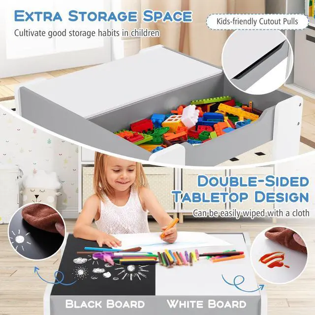 Alt view image 3 of 6 - Kids Table and Chair Set, 4-in-1 Children Wooden Activity Table and 2 Chairs for Art Craft, Reversible Blackboard, 3 PCS Toddler Furniture with Storage, Gift for Boys Girls