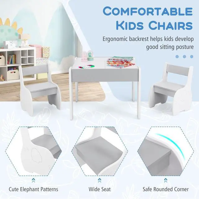 Alt view image 4 of 6 - Kids Table and Chair Set, 4-in-1 Children Wooden Activity Table and 2 Chairs for Art Craft, Reversible Blackboard, 3 PCS Toddler Furniture with Storage, Gift for Boys Girls