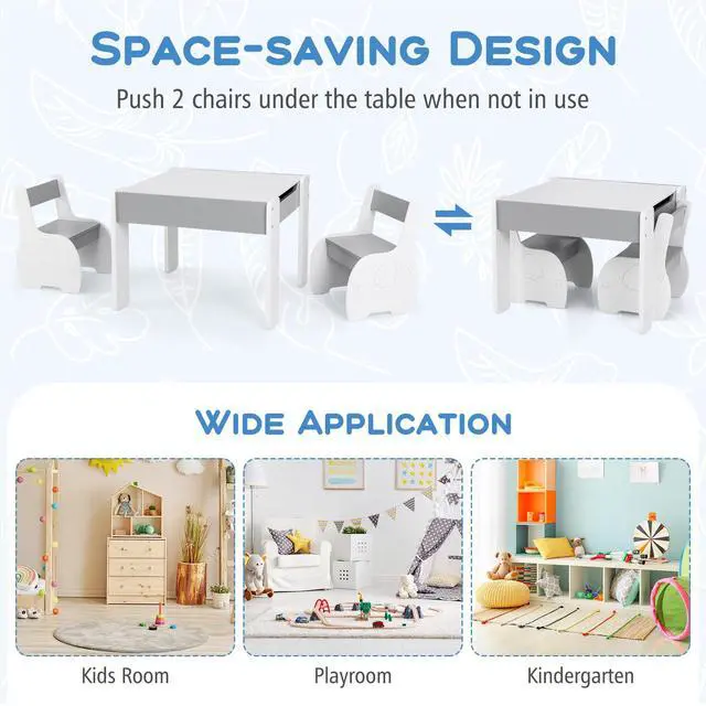 Alt view image 5 of 6 - Kids Table and Chair Set, 4-in-1 Children Wooden Activity Table and 2 Chairs for Art Craft, Reversible Blackboard, 3 PCS Toddler Furniture with Storage, Gift for Boys Girls