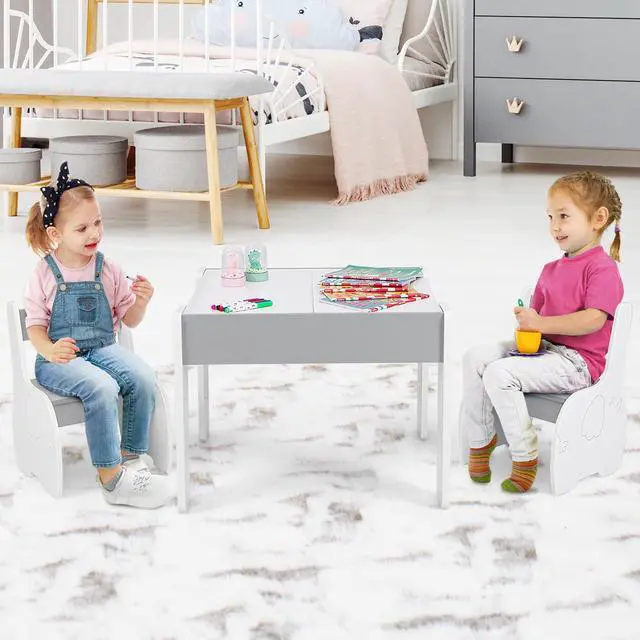 Alt view image 6 of 6 - Kids Table and Chair Set, 4-in-1 Children Wooden Activity Table and 2 Chairs for Art Craft, Reversible Blackboard, 3 PCS Toddler Furniture with Storage, Gift for Boys Girls