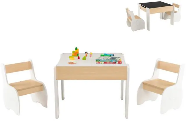 Main image of Kids Table and Chair Set, 4-in-1 Children Wooden Activity Table and 2 Chairs for Art Craft, Reversible Blackboard, 3 PCS Toddler Furniture with Storage, Gift for Boys Girls (Natural)