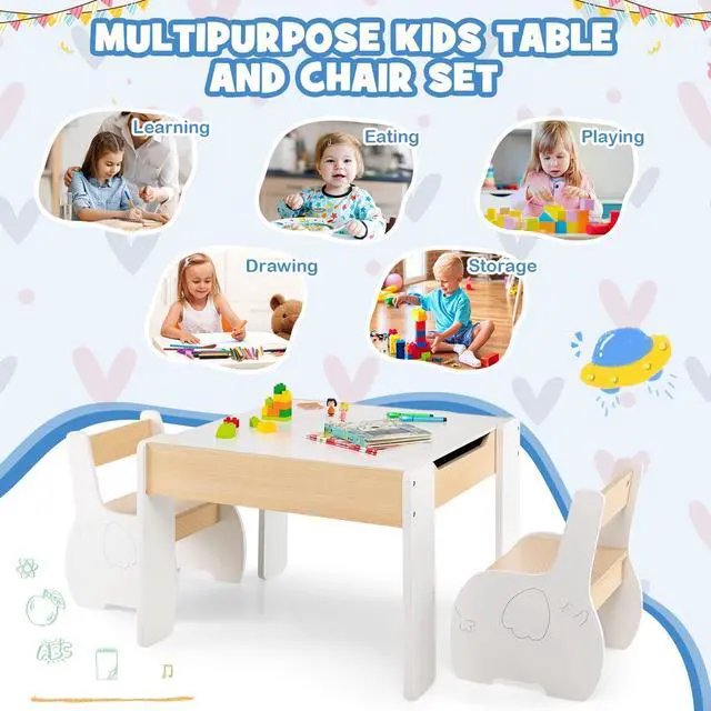 Alt view image 2 of 6 - Kids Table and Chair Set, 4-in-1 Children Wooden Activity Table and 2 Chairs for Art Craft, Reversible Blackboard, 3 PCS Toddler Furniture with Storage, Gift for Boys Girls (Natural)