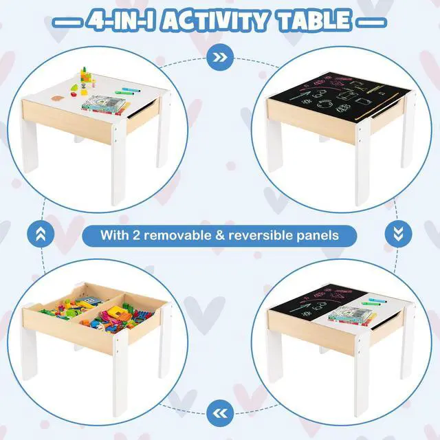 Alt view image 3 of 6 - Kids Table and Chair Set, 4-in-1 Children Wooden Activity Table and 2 Chairs for Art Craft, Reversible Blackboard, 3 PCS Toddler Furniture with Storage, Gift for Boys Girls (Natural)