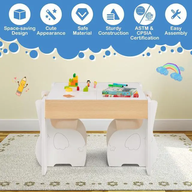Alt view image 4 of 6 - Kids Table and Chair Set, 4-in-1 Children Wooden Activity Table and 2 Chairs for Art Craft, Reversible Blackboard, 3 PCS Toddler Furniture with Storage, Gift for Boys Girls (Natural)