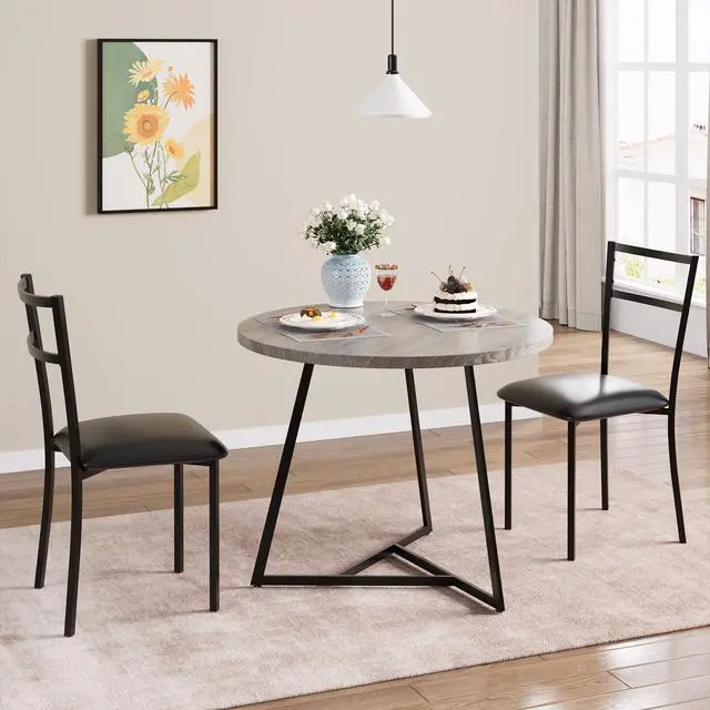 Alt view image 2 of 6 - Dining Table Set for 2, Kitchen Table and Chairs for 2 with Upholstered Chairs, 3 Piece Dining Room Table Set, Round Kitchen Table Set for Small Space, Apartment, Studio, Rustic Gray