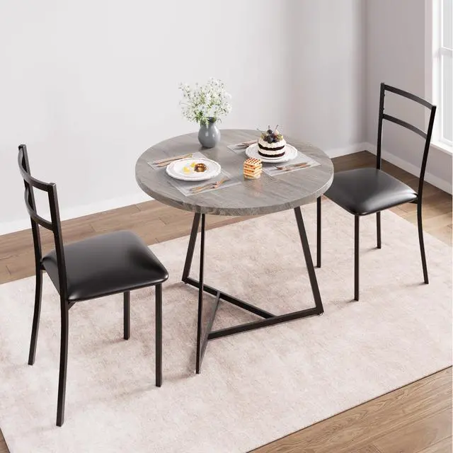 Alt view image 3 of 6 - Dining Table Set for 2, Kitchen Table and Chairs for 2 with Upholstered Chairs, 3 Piece Dining Room Table Set, Round Kitchen Table Set for Small Space, Apartment, Studio, Rustic Gray