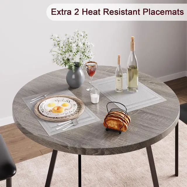 Alt view image 5 of 6 - Dining Table Set for 2, Kitchen Table and Chairs for 2 with Upholstered Chairs, 3 Piece Dining Room Table Set, Round Kitchen Table Set for Small Space, Apartment, Studio, Rustic Gray