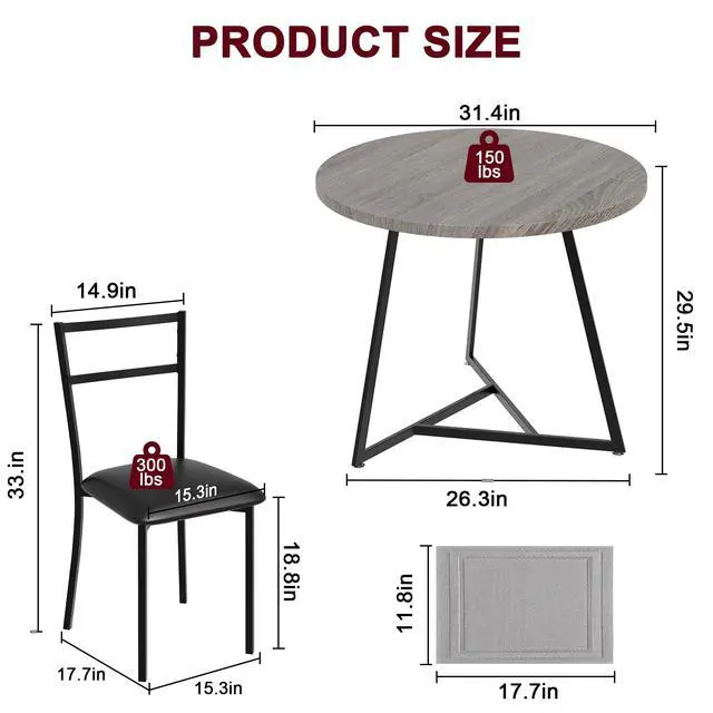 Alt view image 6 of 6 - Dining Table Set for 2, Kitchen Table and Chairs for 2 with Upholstered Chairs, 3 Piece Dining Room Table Set, Round Kitchen Table Set for Small Space, Apartment, Studio, Rustic Gray