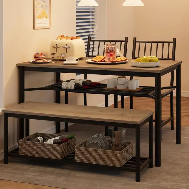 Main image of Dining Table Set for 4, Kitchen Table and Chairs for 4 with Wine Rack, Dining Room Table Set with Bench, Rectangular Kitchen Table Set for Small Space, Apartment, Studio, Retro Gray