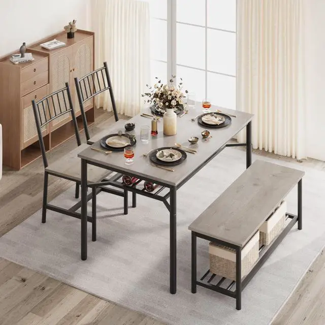 Alt view image 2 of 6 - Dining Table Set for 4, Kitchen Table and Chairs for 4 with Wine Rack, Dining Room Table Set with Bench, Rectangular Kitchen Table Set for Small Space, Apartment, Studio, Retro Gray