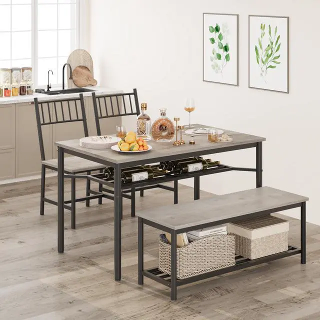 Alt view image 3 of 6 - Dining Table Set for 4, Kitchen Table and Chairs for 4 with Wine Rack, Dining Room Table Set with Bench, Rectangular Kitchen Table Set for Small Space, Apartment, Studio, Retro Gray