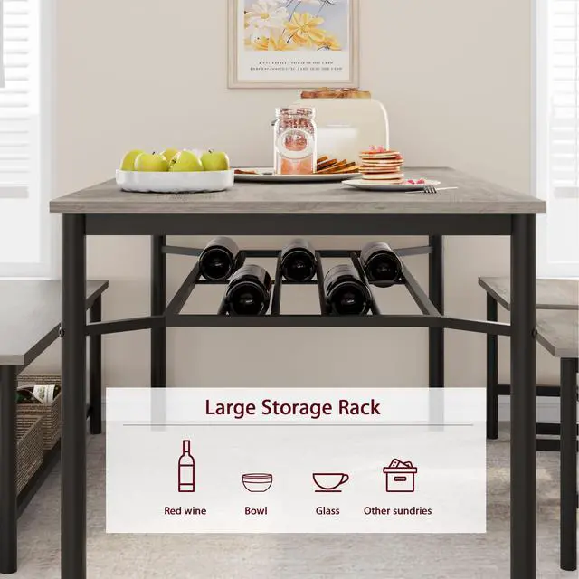 Alt view image 6 of 6 - Dining Table Set for 4, Kitchen Table and Chairs for 4 with Wine Rack, Dining Room Table Set with Bench, Rectangular Kitchen Table Set for Small Space, Apartment, Studio, Retro Gray
