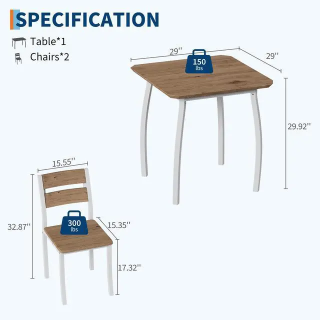 Alt view image 2 of 6 - Square Dining Table Set for 2,3-Piece Kitchen Table Set,Farmhouse Compact Kitchen Table with 2 Upholstered Chairs & Metal Frame, Perfect for Small Spaces, Kitchens & Dining Rooms(White)