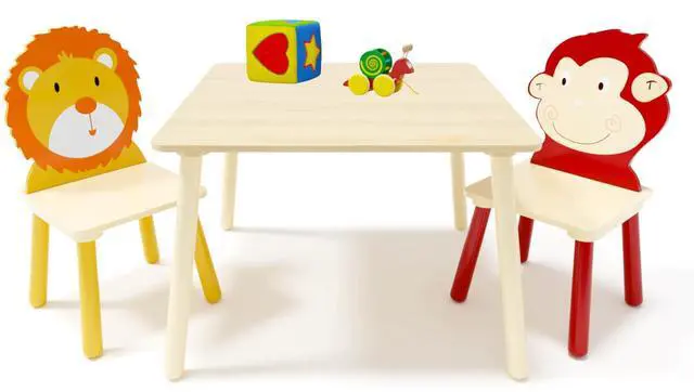 Main image of Kids Table and Chair Set, Wooden Toddler Table Set with 2 Chairs, Children Adorably Animal Activity Table for Reading, Drawing, Eating, Studying, Parent-Child Interaction Activity Play