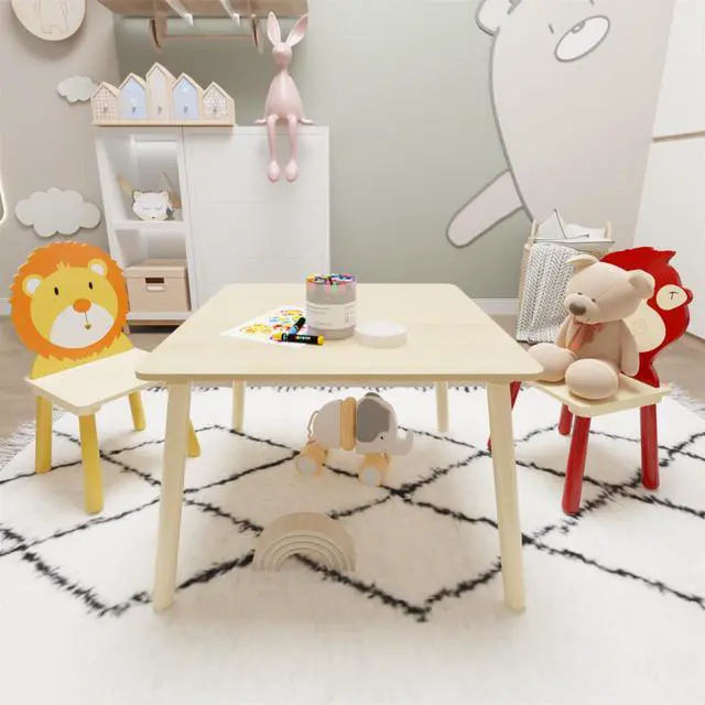 Alt view image 2 of 6 - Kids Table and Chair Set, Wooden Toddler Table Set with 2 Chairs, Children Adorably Animal Activity Table for Reading, Drawing, Eating, Studying, Parent-Child Interaction Activity Play