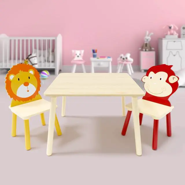 Alt view image 3 of 6 - Kids Table and Chair Set, Wooden Toddler Table Set with 2 Chairs, Children Adorably Animal Activity Table for Reading, Drawing, Eating, Studying, Parent-Child Interaction Activity Play