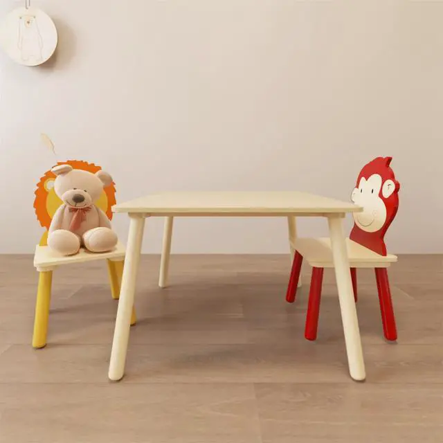 Alt view image 4 of 6 - Kids Table and Chair Set, Wooden Toddler Table Set with 2 Chairs, Children Adorably Animal Activity Table for Reading, Drawing, Eating, Studying, Parent-Child Interaction Activity Play