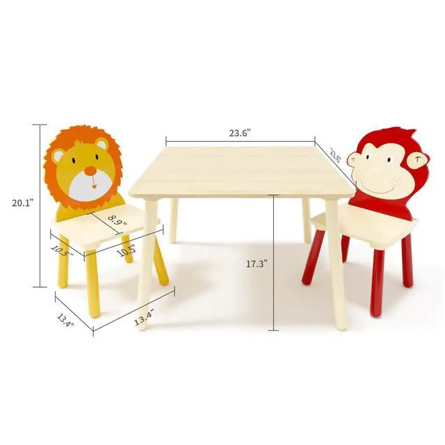 Alt view image 6 of 6 - Kids Table and Chair Set, Wooden Toddler Table Set with 2 Chairs, Children Adorably Animal Activity Table for Reading, Drawing, Eating, Studying, Parent-Child Interaction Activity Play