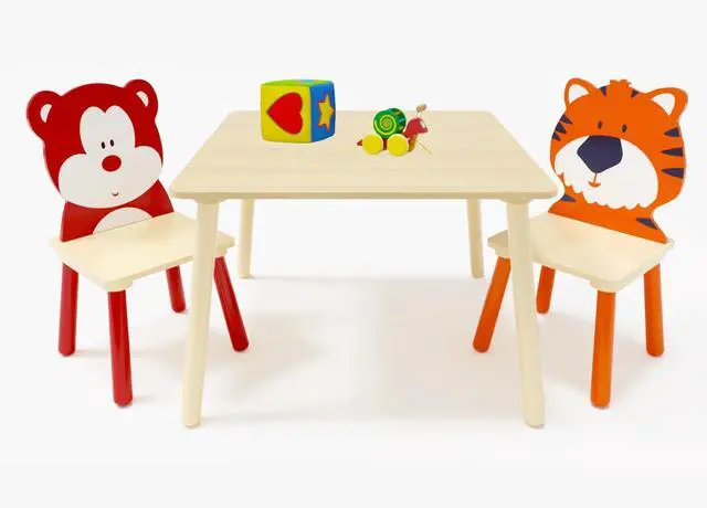 Main image of Kids Table and Chair Set, Wooden Toddler Table Set with 2 Chairs, Children Adorably Animal Activity Table for Reading, Drawing, Eating, Studying, Parent-Child Interaction Activity Play