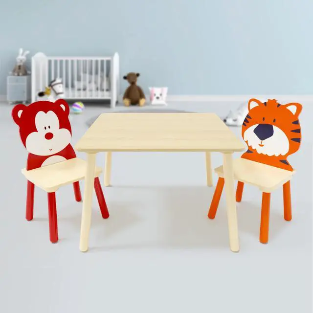 Alt view image 3 of 6 - Kids Table and Chair Set, Wooden Toddler Table Set with 2 Chairs, Children Adorably Animal Activity Table for Reading, Drawing, Eating, Studying, Parent-Child Interaction Activity Play