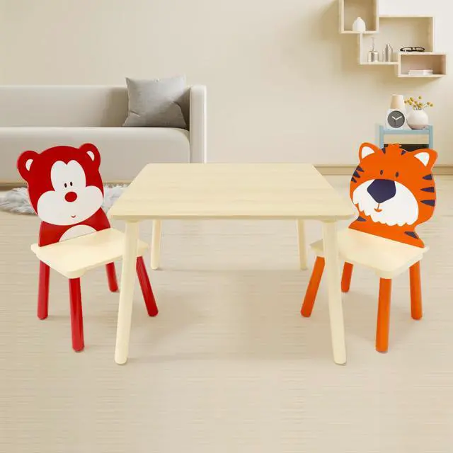 Alt view image 4 of 6 - Kids Table and Chair Set, Wooden Toddler Table Set with 2 Chairs, Children Adorably Animal Activity Table for Reading, Drawing, Eating, Studying, Parent-Child Interaction Activity Play