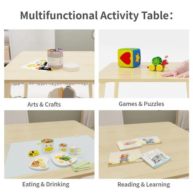 Alt view image 5 of 6 - Kids Table and Chair Set, Wooden Toddler Table Set with 2 Chairs, Children Adorably Animal Activity Table for Reading, Drawing, Eating, Studying, Parent-Child Interaction Activity Play