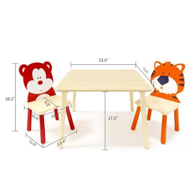 Alt view image 6 of 6 - Kids Table and Chair Set, Wooden Toddler Table Set with 2 Chairs, Children Adorably Animal Activity Table for Reading, Drawing, Eating, Studying, Parent-Child Interaction Activity Play