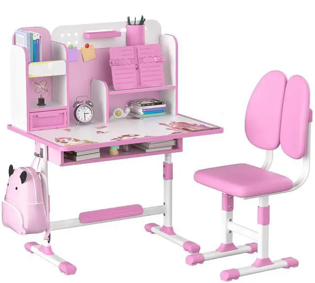 Main image of Kids Desk and Chair Set School Desk| Height Adjustable Study Table with Book Stand & Foot Pedal, Ergonomic Children's Desks with Sitting Corrector for School Homework (Pink/Blue) (Pink)