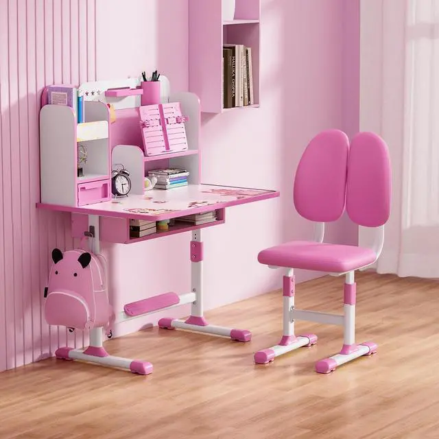 Alt view image 2 of 6 - Kids Desk and Chair Set School Desk| Height Adjustable Study Table with Book Stand & Foot Pedal, Ergonomic Children's Desks with Sitting Corrector for School Homework (Pink/Blue) (Pink)