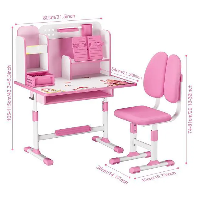 Alt view image 3 of 6 - Kids Desk and Chair Set School Desk| Height Adjustable Study Table with Book Stand & Foot Pedal, Ergonomic Children's Desks with Sitting Corrector for School Homework (Pink/Blue) (Pink)