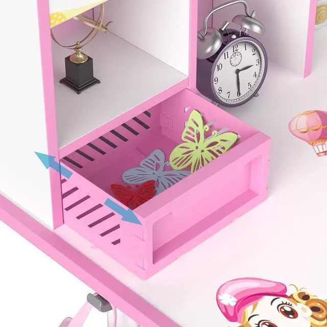 Alt view image 5 of 6 - Kids Desk and Chair Set School Desk| Height Adjustable Study Table with Book Stand & Foot Pedal, Ergonomic Children's Desks with Sitting Corrector for School Homework (Pink/Blue) (Pink)