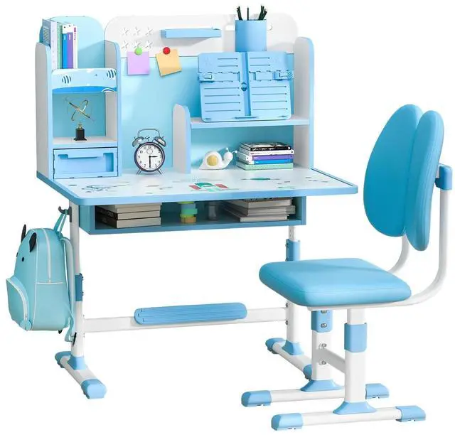 Main image of Kids Desk and Chair Set School Desk| Height Adjustable Study Table with Book Stand & Foot Pedal, Ergonomic Children's Desks with Sitting Corrector for School Homework (Pink/Blue) (Blue)